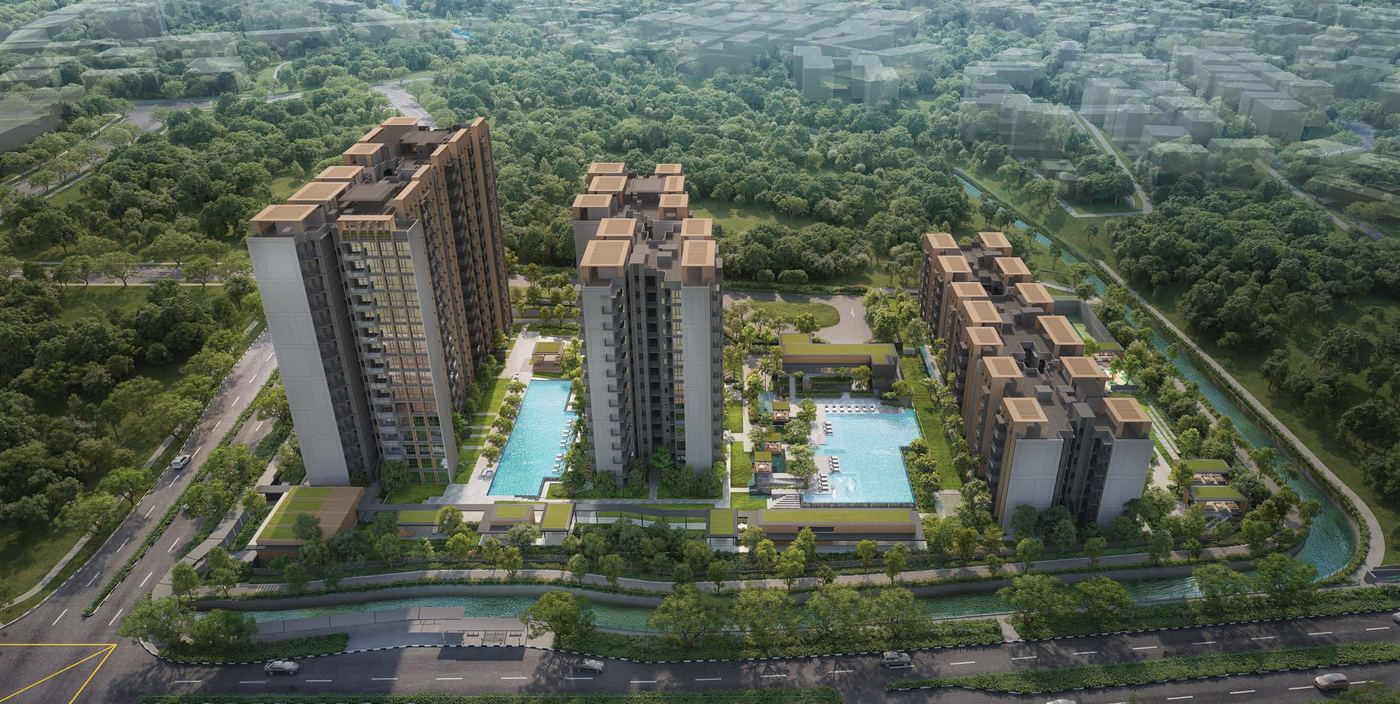 Artist's impression of an aerial view of the development beside the forest